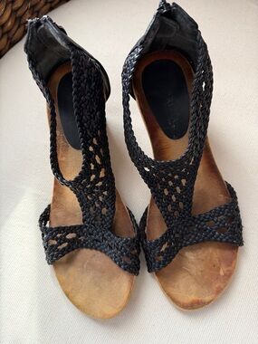 Patrizia Black Woven Faux Leather Women's Wedge Sandals 39